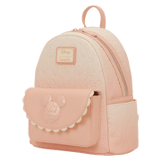 Angled front view of the Loungefly Disney Mickey & Friends All-Over Print Mini Backpack with embossed all-over print and scalloped pocket detail