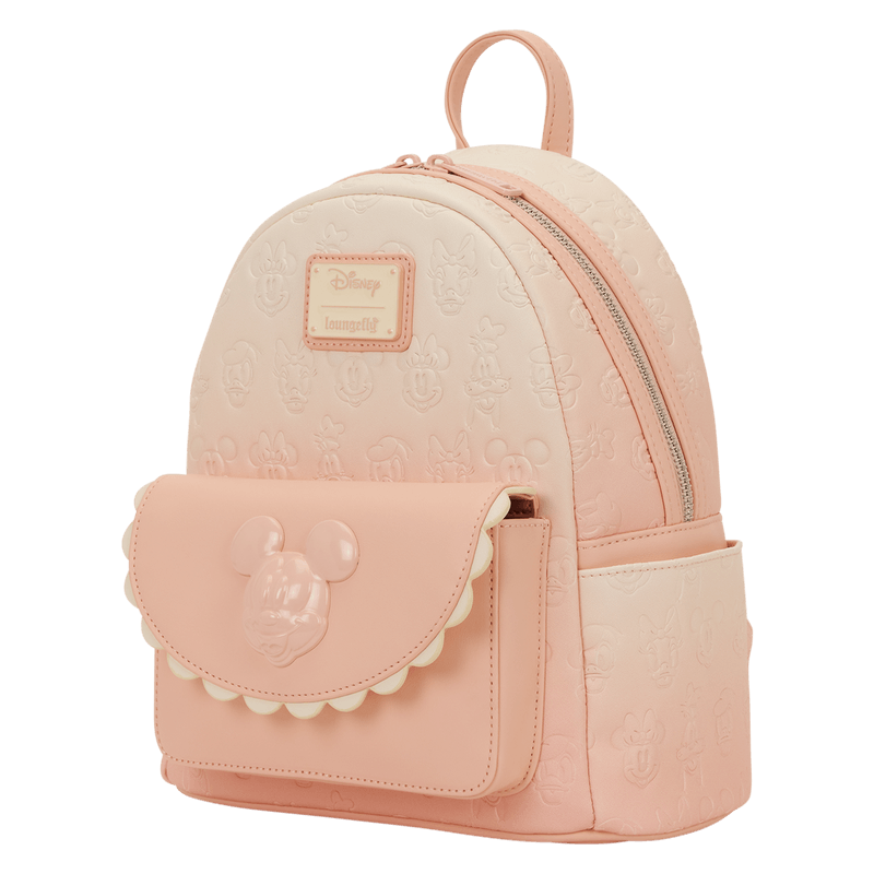 Angled front view of the Loungefly Disney Mickey & Friends All-Over Print Mini Backpack with embossed all-over print and scalloped pocket detail