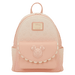 Front view of the Loungefly Disney Mickey & Friends All-Over Print Mini Backpack in pastel pink with embossed character faces and a Mickey front pocket
