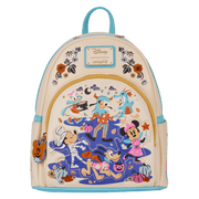 Front view of Loungefly Disney Mickey and Friends Halloween mini backpack with embroidered florals and characters in costumes