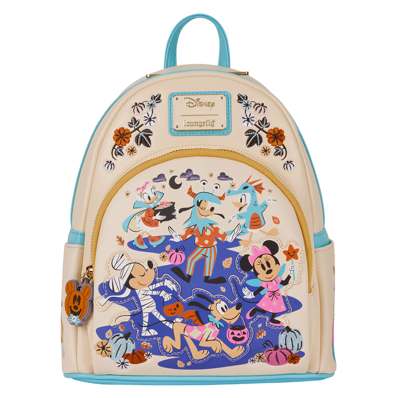 Front view of Loungefly Disney Mickey and Friends Halloween mini backpack with embroidered florals and characters in costumes