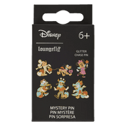 Front of Loungefly Disney Mystery Pin blind box showing six possible Halloween designs and glitter chase note