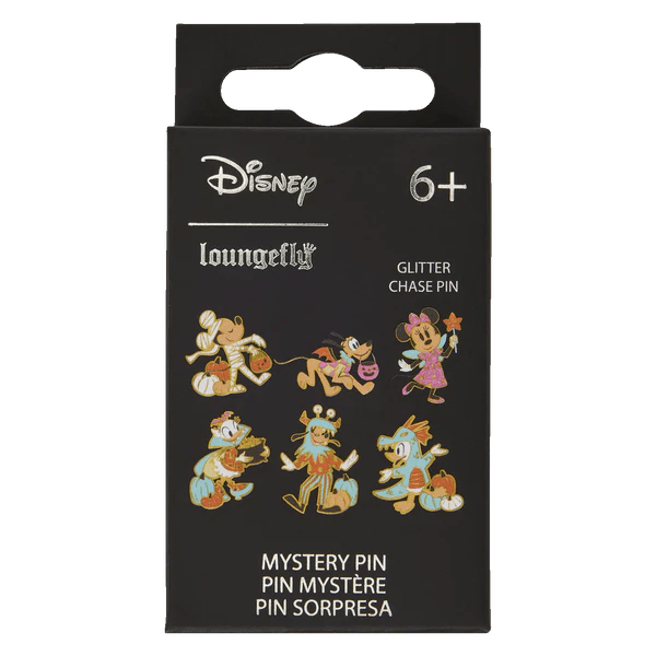 Front of Loungefly Disney Mystery Pin blind box showing six possible Halloween designs and glitter chase note