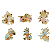 Six Loungefly Disney enamel pins of Mickey, Minnie, Donald, Daisy, Goofy and Pluto in Halloween costumes