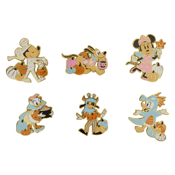 Six Loungefly Disney enamel pins of Mickey, Minnie, Donald, Daisy, Goofy and Pluto in Halloween costumes