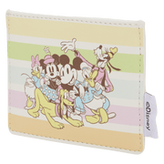Angled view of the Loungefly Disney Mickey & Friends Rainbow Stripes Card Holder with pastel rainbow stripes and classic character artwork