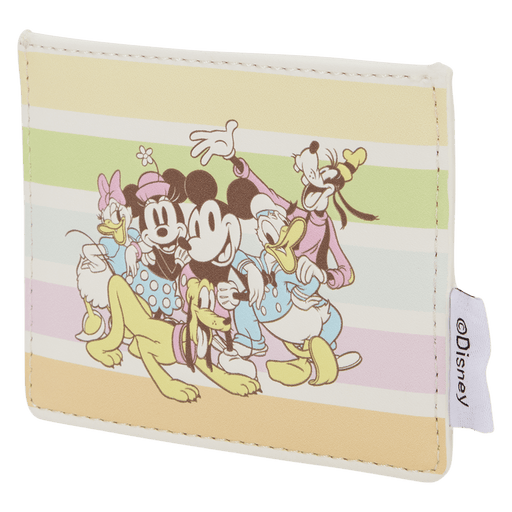 Angled view of the Loungefly Disney Mickey & Friends Rainbow Stripes Card Holder with pastel rainbow stripes and classic character artwork