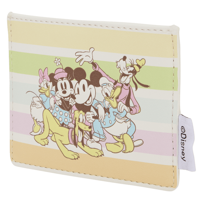 Angled view of the Loungefly Disney Mickey & Friends Rainbow Stripes Card Holder with pastel rainbow stripes and classic character artwork