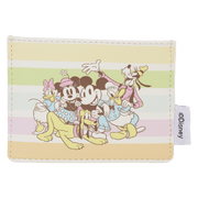 Front view of the Loungefly Disney Mickey & Friends Rainbow Stripes Card Holder with Mickey, Minnie, Donald, Daisy, Goofy and Pluto artwork