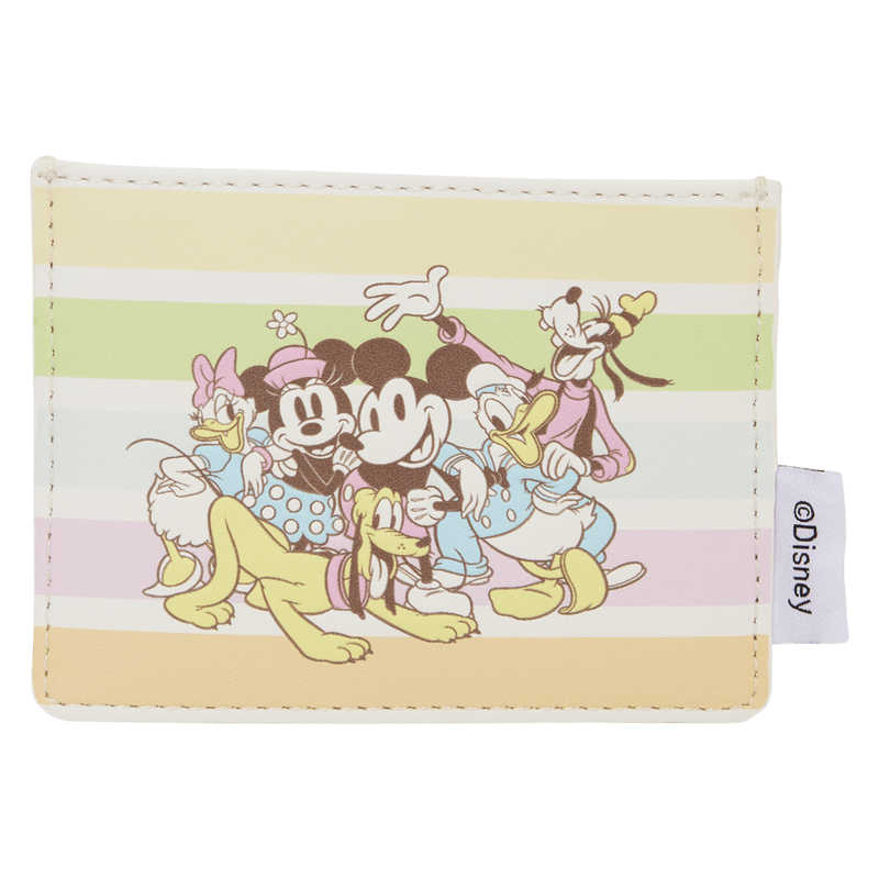 Front view of the Loungefly Disney Mickey & Friends Rainbow Stripes Card Holder with Mickey, Minnie, Donald, Daisy, Goofy and Pluto artwork