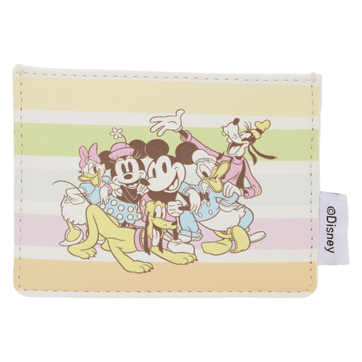 Front view of the Loungefly Disney Mickey & Friends Rainbow Stripes Card Holder with Mickey, Minnie, Donald, Daisy, Goofy and Pluto artwork