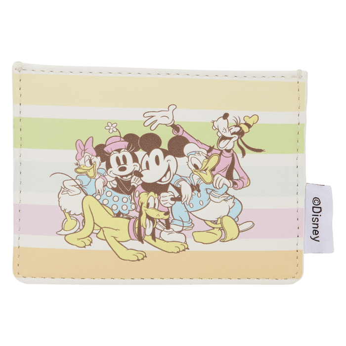 Front view of the Loungefly Disney Mickey & Friends Rainbow Stripes Card Holder with Mickey, Minnie, Donald, Daisy, Goofy and Pluto artwork
