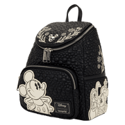 Angled front view of Loungefly Disney Mickey and Friends black sketch mini backpack with Mickey art and side pocket