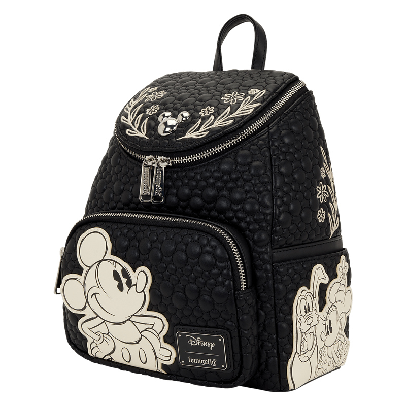 Angled front view of Loungefly Disney Mickey and Friends black sketch mini backpack with Mickey art and side pocket