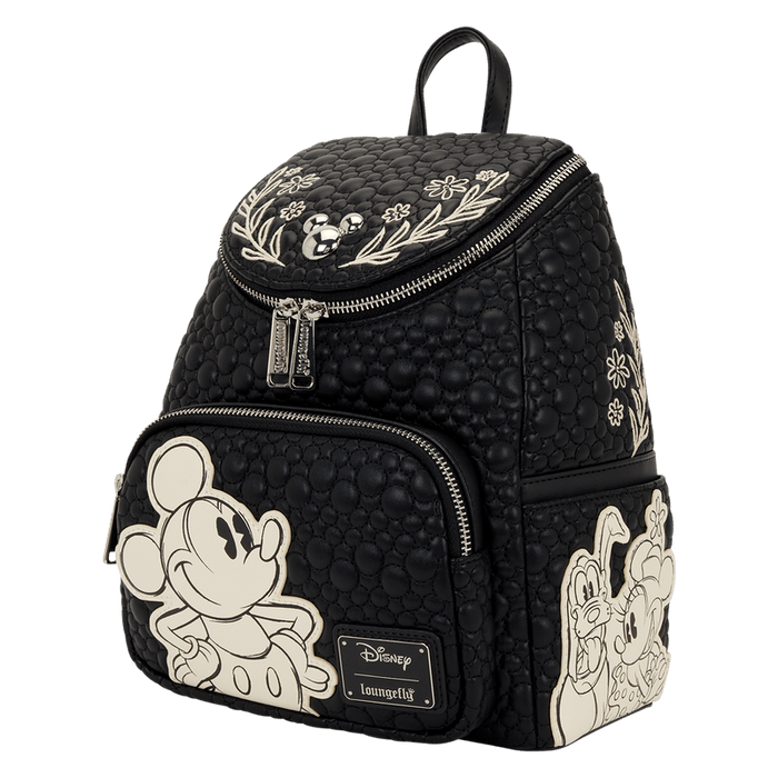 Angled front view of Loungefly Disney Mickey and Friends black sketch mini backpack with Mickey art and side pocket