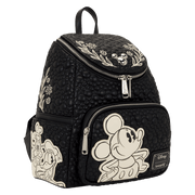 Three quarter view of Loungefly Disney Mickey and Friends black sketch mini backpack with character art and floral embossing