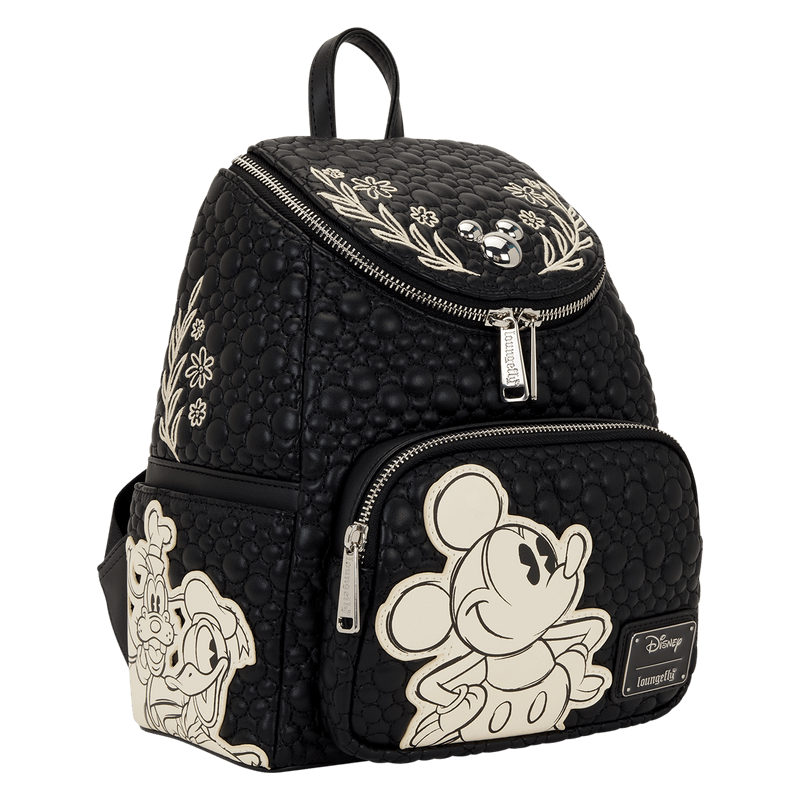 Three quarter view of Loungefly Disney Mickey and Friends black sketch mini backpack with character art and floral embossing