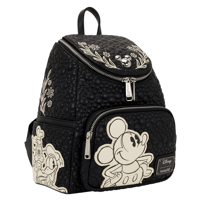 Three quarter view of Loungefly Disney Mickey and Friends black sketch mini backpack with character art and floral embossing