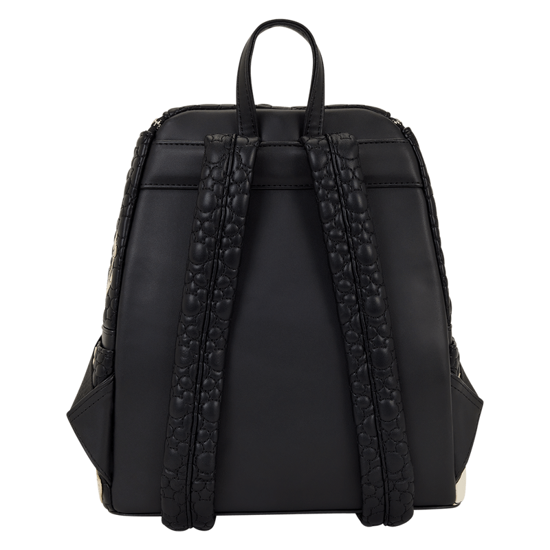 Back view of Loungefly Disney Mickey and Friends black mini backpack with padded embossed straps