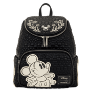 Front view of Loungefly Disney Mickey and Friends black sketch mini backpack on white background