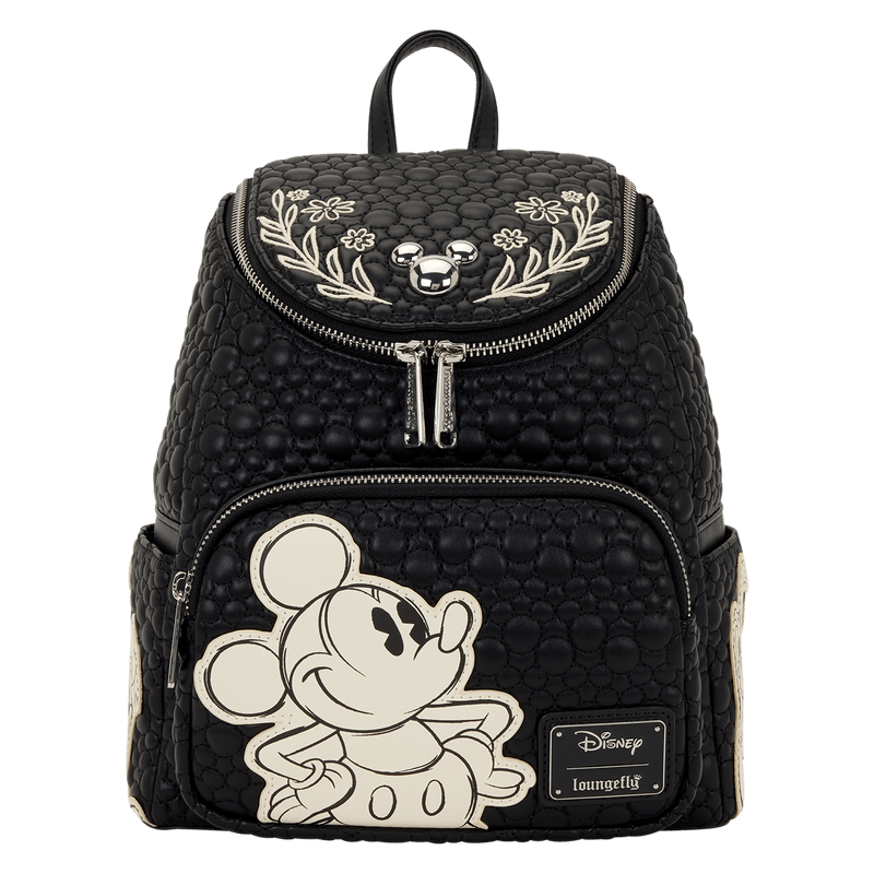 Front view of Loungefly Disney Mickey and Friends black sketch mini backpack on white background