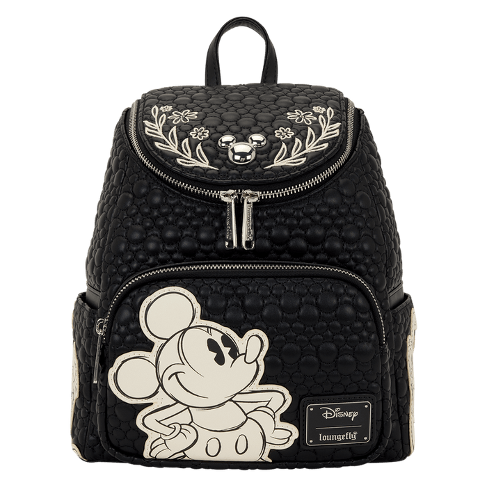 Front view of Loungefly Disney Mickey and Friends black sketch mini backpack on white background