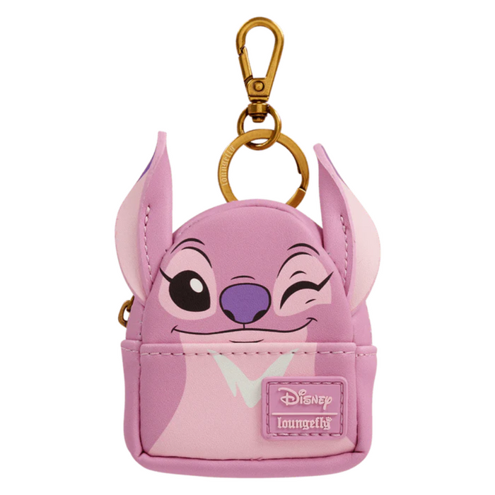 Pink Angel (Experiment 624) mini backpack charm winking playfully – a Loungefly Blind Box keyrings collectible for Lilo & Stitch lovers, pictured with gold clip.
