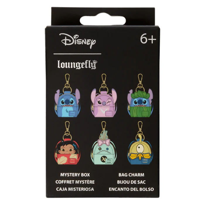 Retail packaging for Loungefly Disney mini backpack keyrings Blind Box, black box showing six possible mystery designs from the Lilo & Stitch collection.










