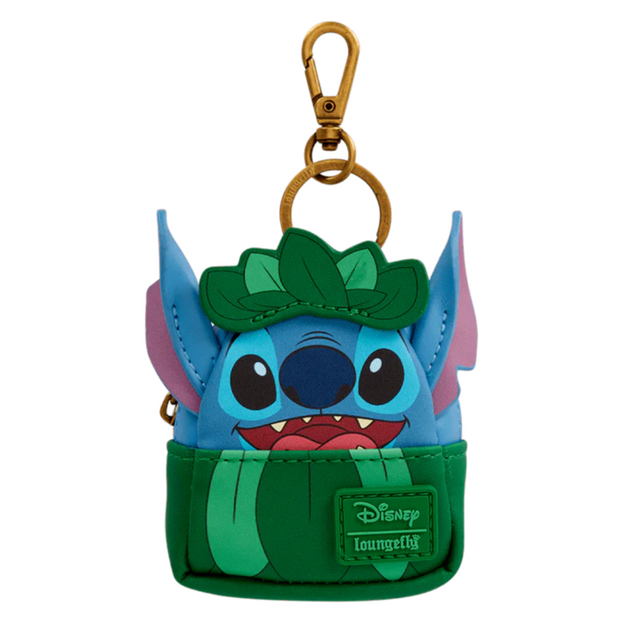 Hula Stitch mini backpack charm in blue and green with leafy skirt – a Loungefly Blind Box keyrings design celebrating Disney’s Lilo & Stitch, complete with gold clip.
