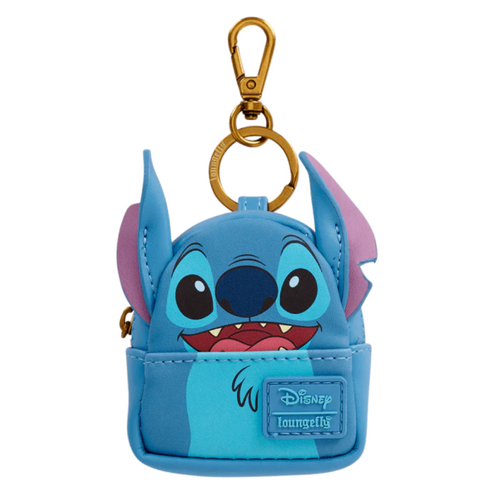 Classic blue Stitch mini backpack charm grinning wide – part of the Loungefly Blind Box keyrings range, shown front-facing with gold swivel clasp.
