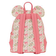 Back view of the Loungefly Disney Minnie Mouse floral mini backpack, showing pink straps, top handle and all-over floral bow print.