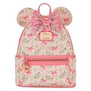 Front view of the Loungefly Disney Minnie Mouse floral mini backpack with Minnie ears, large pink velvet bow and front zip pocket.