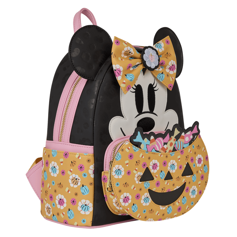 Loungefly Minnie Mouse Halloween mini backpack, angled front view showing bow, ears and pumpkin candy-bucket front pocket