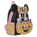 Loungefly Minnie Mouse Halloween mini backpack, angled front view showing bow, ears and pumpkin candy-bucket front pocket