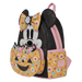 Angled front view of Loungefly Disney Minnie Mouse Halloween mini backpack with jack-o-lantern candy pocket, black body and pink trims