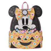 Front view of Loungefly Minnie Mouse Halloween mini backpack with floral bow, ears and smiling jack-o-lantern candy pocket