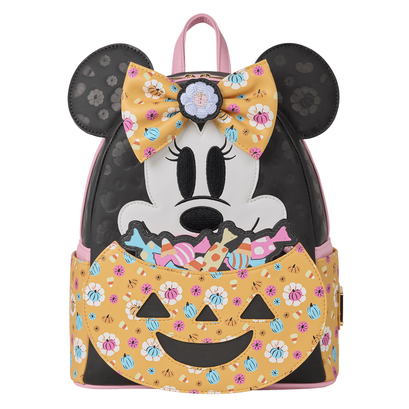 Front view of Loungefly Minnie Mouse Halloween mini backpack with floral bow, ears and smiling jack-o-lantern candy pocket