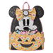 Front view of Loungefly Minnie Mouse Halloween mini backpack with floral bow, ears and smiling jack-o-lantern candy pocket