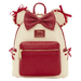 Front view of the Loungefly Disney Minnie Mouse Rocks The Dots mini backpack with red polka dot bow, Minnie ears and red front zip pocket.