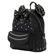 Angled view of the black Minnie Mouse Loungefly Mini Backpack with chains and studs