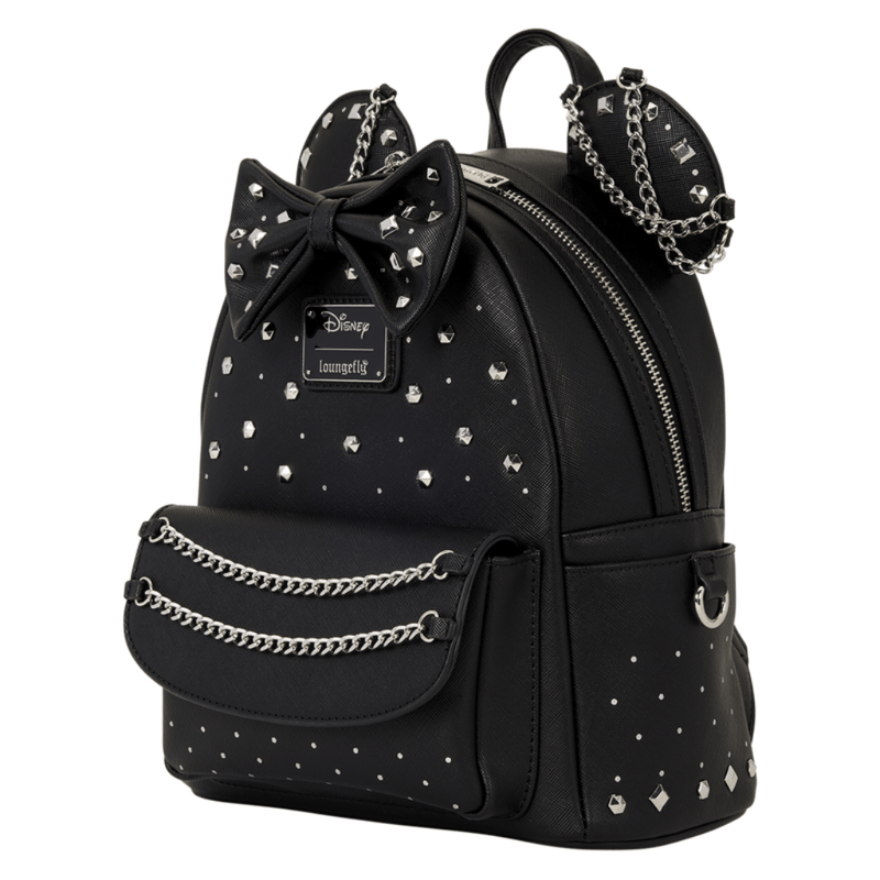 Angled view of the black Minnie Mouse Loungefly Mini Backpack with chains and studs