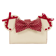 Front view of the Loungefly Disney Minnie Rocks The Dots wallet in red with Minnie ear details, embossed dot texture and gold Loungefly plaque.
