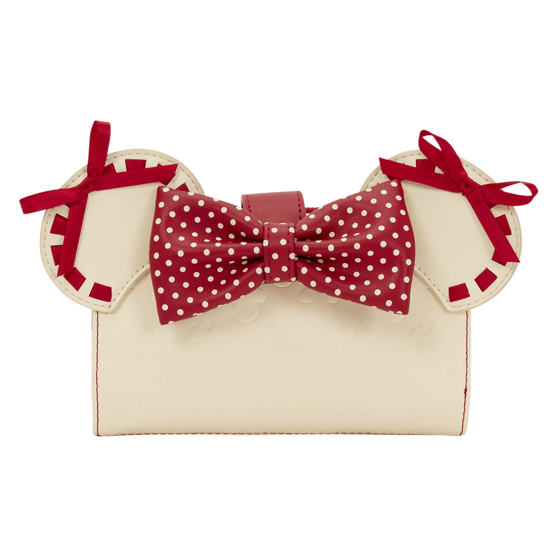 Front view of the Loungefly Disney Minnie Rocks The Dots wallet in red with Minnie ear details, embossed dot texture and gold Loungefly plaque.