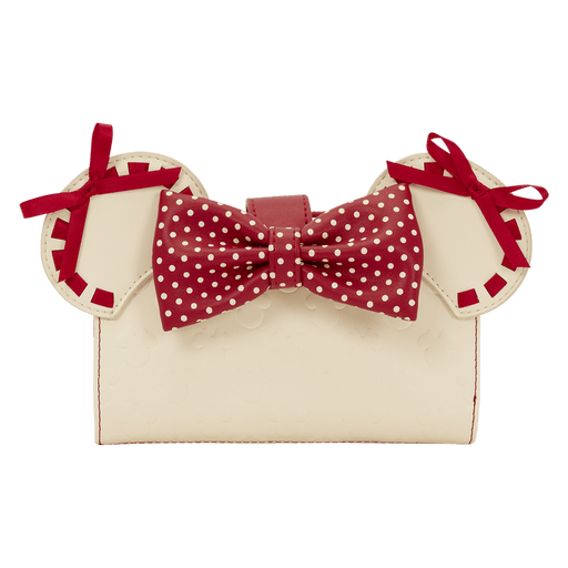 Front view of the Loungefly Disney Minnie Rocks The Dots wallet in red with Minnie ear details, embossed dot texture and gold Loungefly plaque.