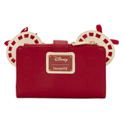 Back view of the Loungefly Disney Minnie Rocks The Dots wallet with Minnie ears, red stitched trim and a red polka dot bow.