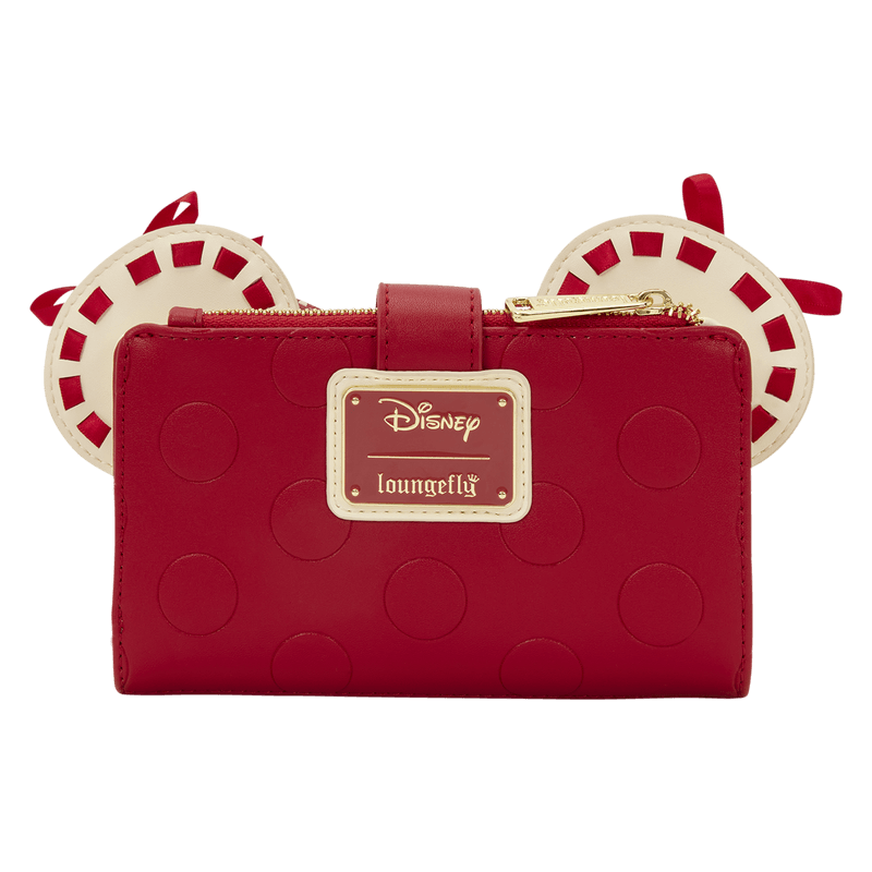 Back view of the Loungefly Disney Minnie Rocks The Dots wallet with Minnie ears, red stitched trim and a red polka dot bow.