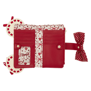 Open view of the Loungefly Disney Minnie Rocks The Dots wallet showing card slots, ID window and red bow and polka dot interior print.