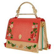 Angled view of Loungefly Disney Moana crossbody with gold handle and floral embroidery
