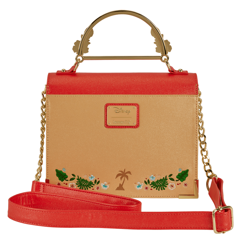Back of Loungefly Moana crossbody with palm motif, plaque and adjustable strap