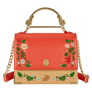Front view of Loungefly Moana crossbody with Pua silhouette and embroidered leaves